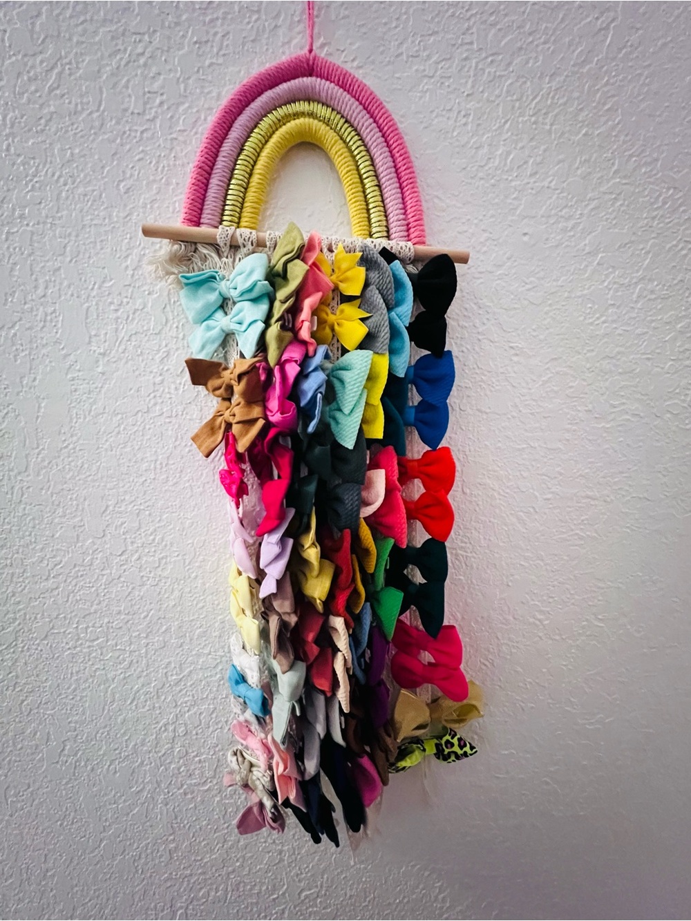 Handmade Rainbow Bow Holder with Assorted Kids Hair Bows - Pink & Yellow